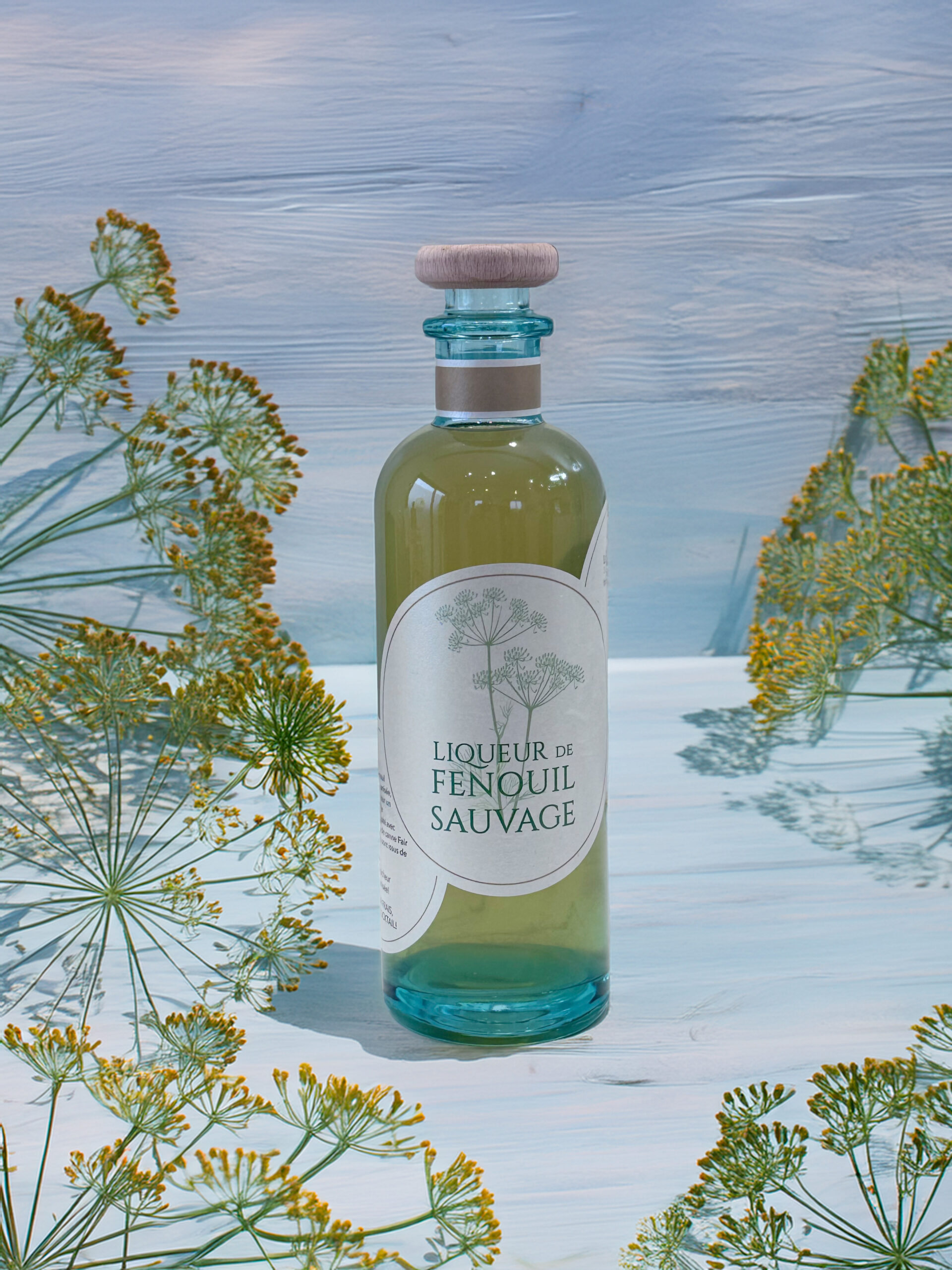 bouteille de liqueur bio de fenouil sauvage le jardin de Mazaalaï posée sur une table entourée de branches de fenouil sauvage