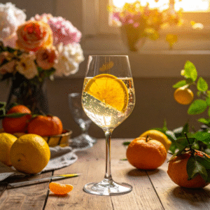 Spritz-liqueur-agrumes-mazaalai photo d'un verre de spritz à la liqueur bio d'agrumes et poivre de sichuan du jardin de mazaalai