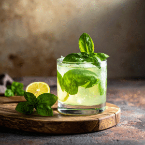 photo d'un cocktail basil smash posé sur une planche de bois rustique réalisé avec le london dry gin basilic le jardin de mazaalai